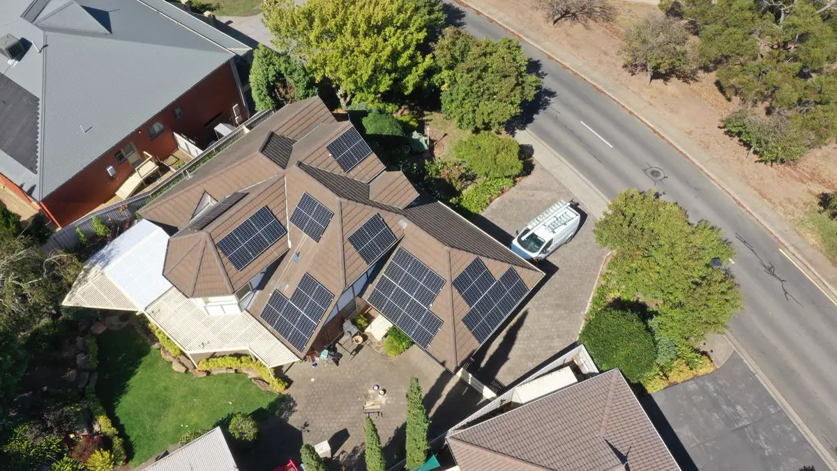 Drone view of a solar system on a suburban Adelaide home